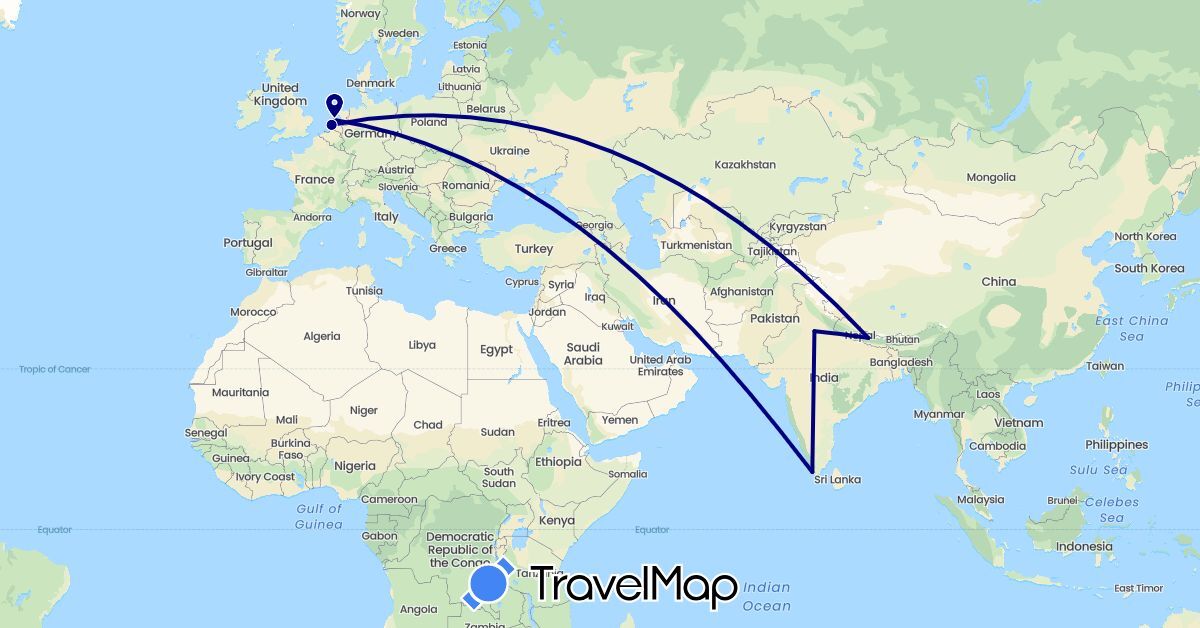 TravelMap itinerary: driving in India, Netherlands, Nepal (Asia, Europe)